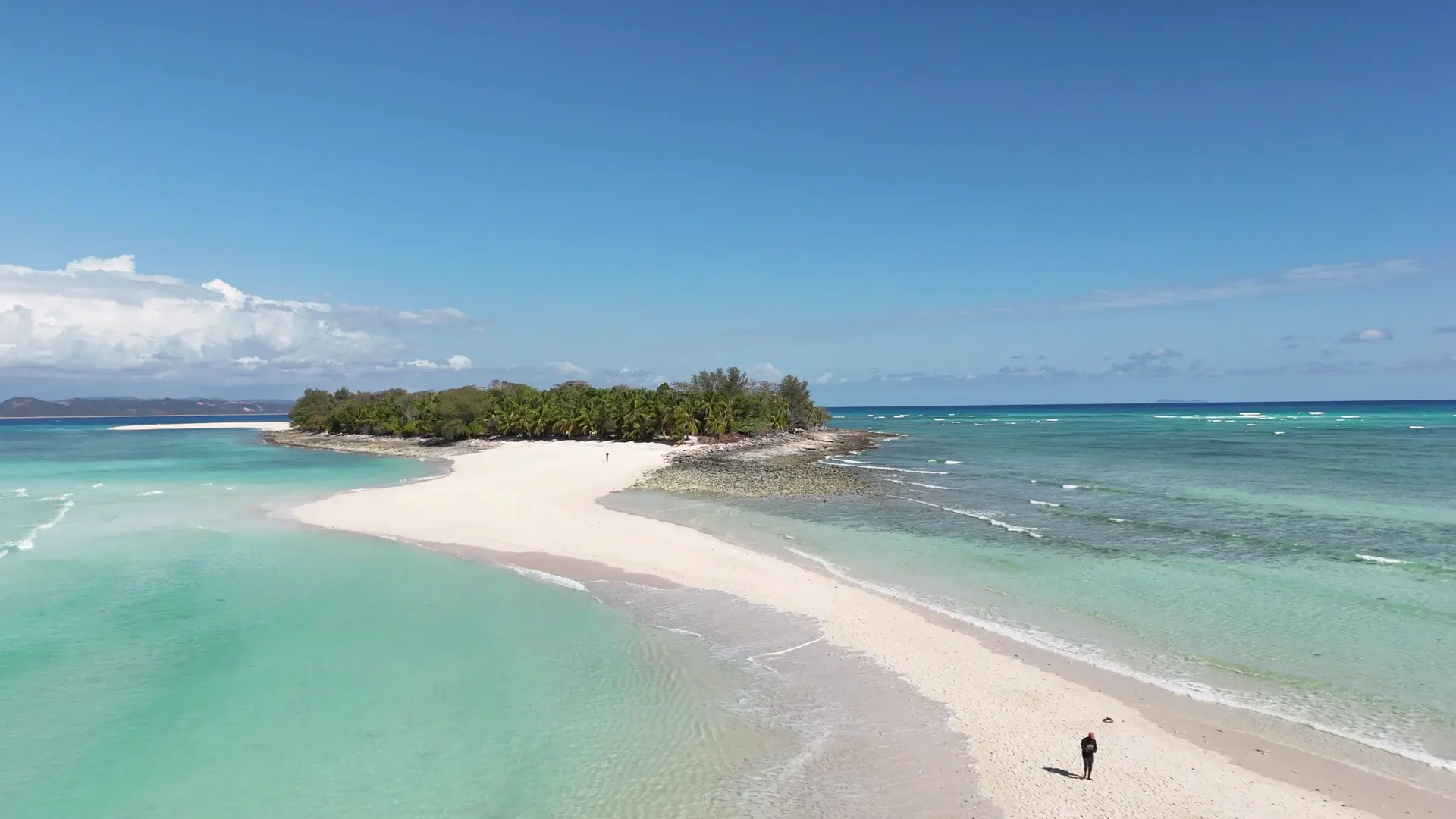 Aerial view of Nosy Iranja with its white sandbar and turquoise sea